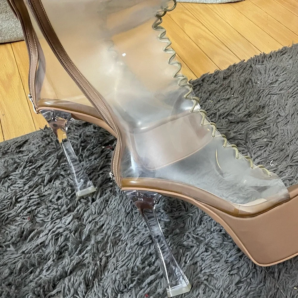 💙 NUDE  Platform THIGH HIGH LACE UP Boot SHOES *NEW*